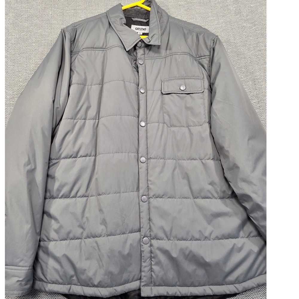 Grind by Coffeeshop Mens XL Gray Quilted Puffer Shirt Jacket Snap Front Shacket